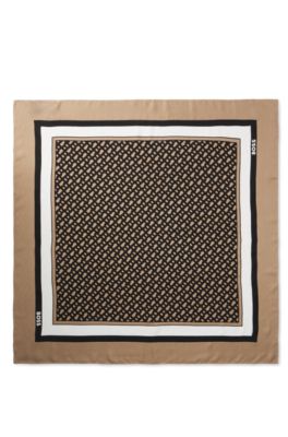 Silk-twill scarf with seasonal print, Beige Patterned