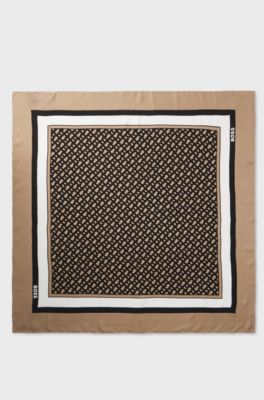 Silk-twill scarf with seasonal print, Beige Patterned