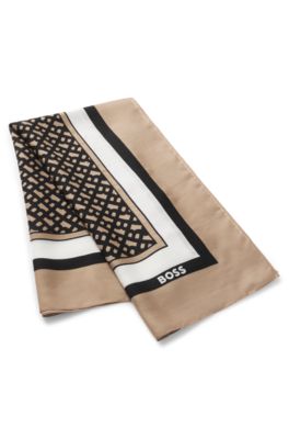 Silk-twill scarf with seasonal print, Beige Patterned