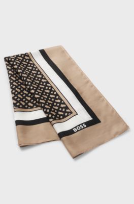 Silk-twill scarf with seasonal print, Beige Patterned