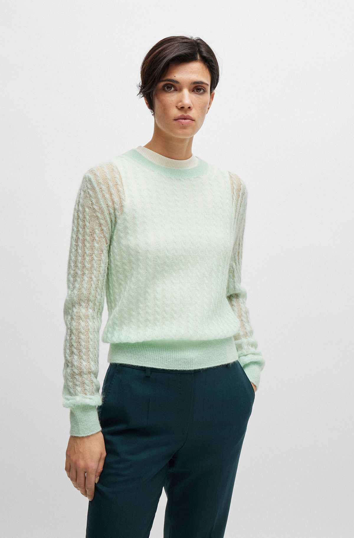 Fine-gauge sweater in textured wool with cable structure, Turquoise