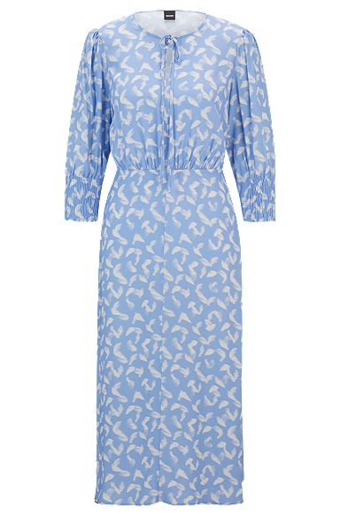 Tie-neck dress with cropped sleeves, Blue Patterned