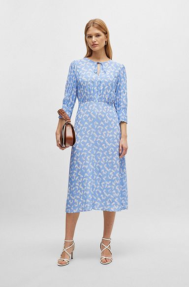Tie-neck dress with cropped sleeves, Blue Patterned