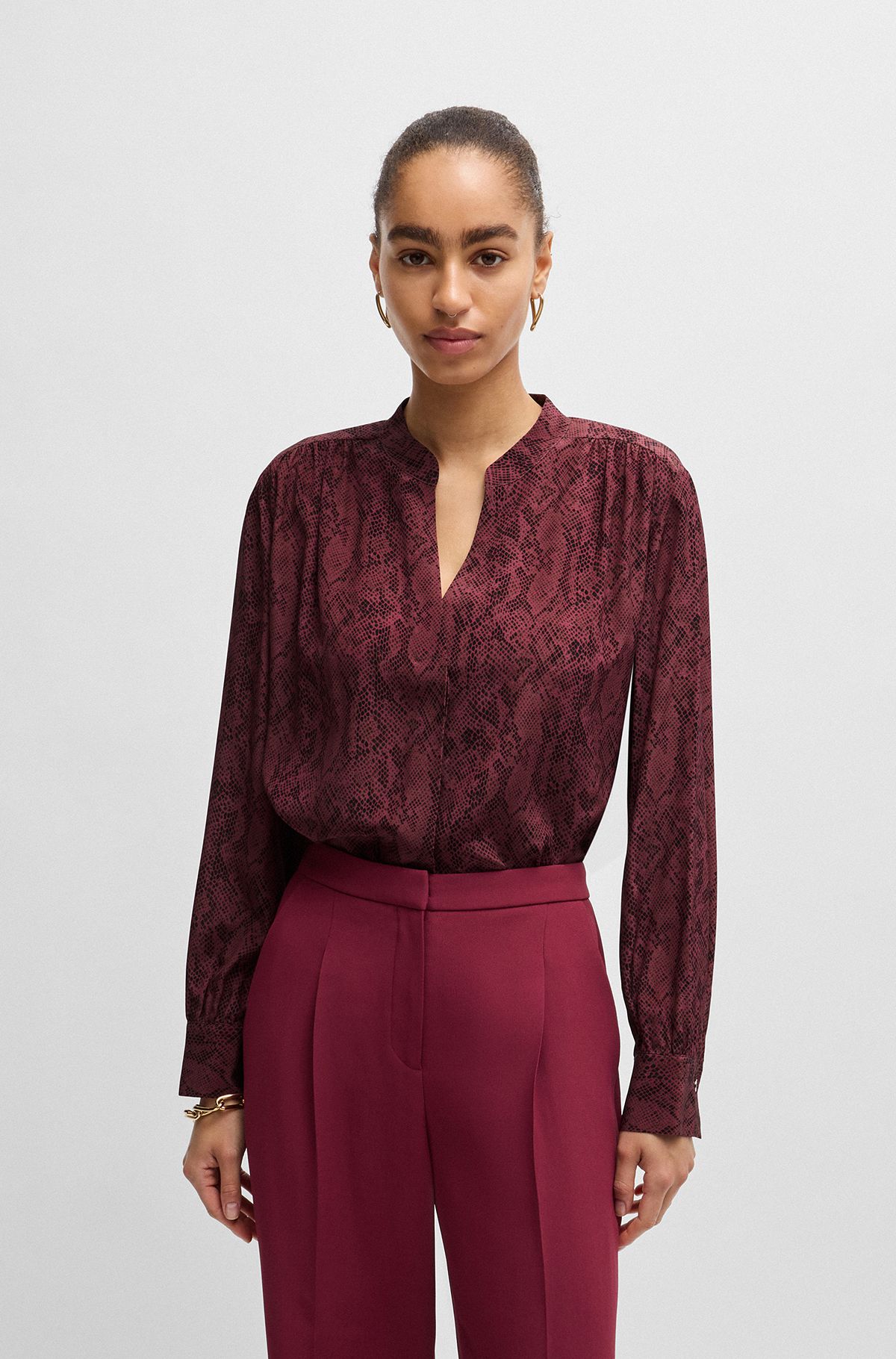 Regular-fit blouse in snake-print silk, Dark Red
