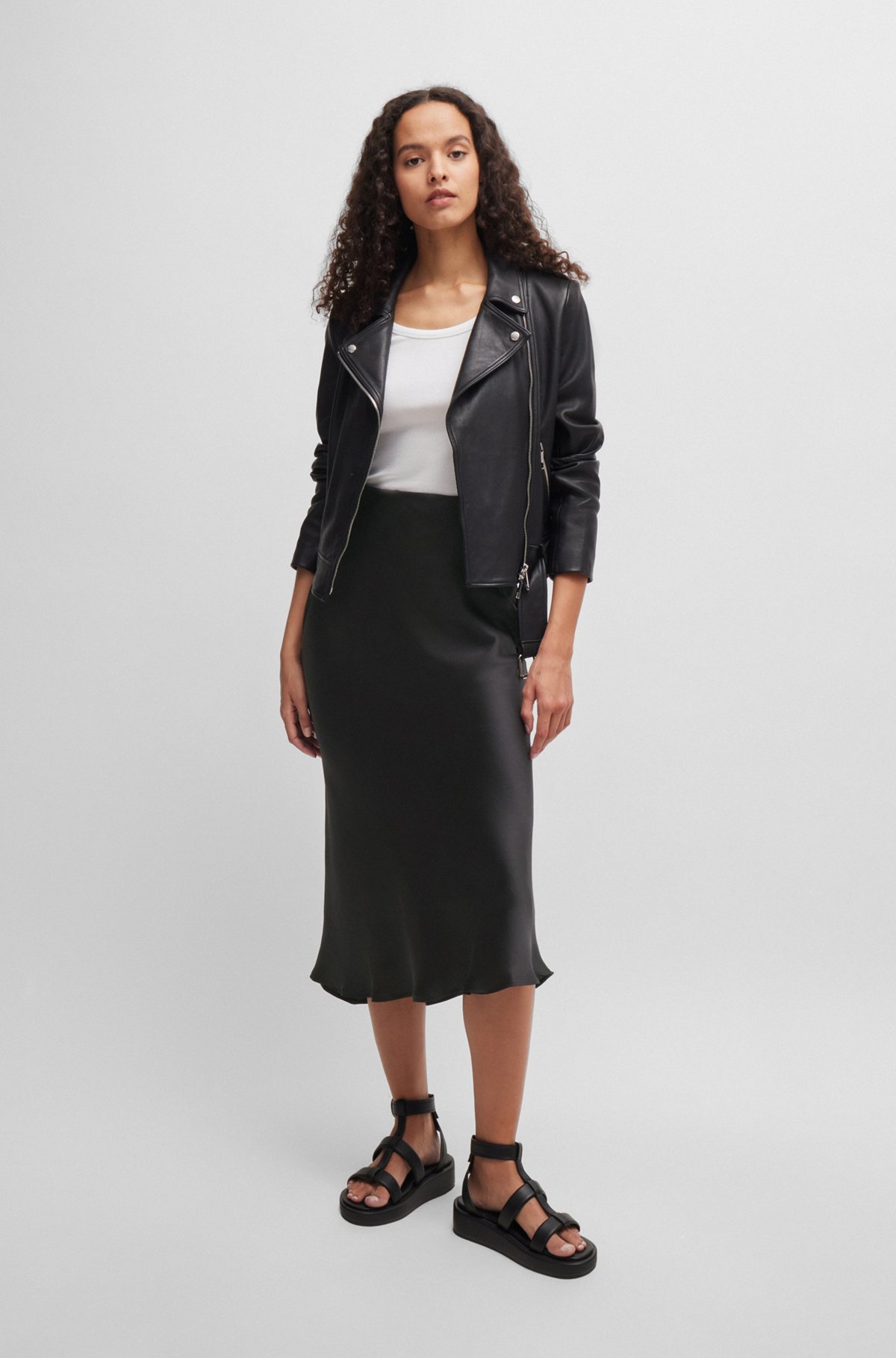 Satin midi skirt with logo detail, Black
