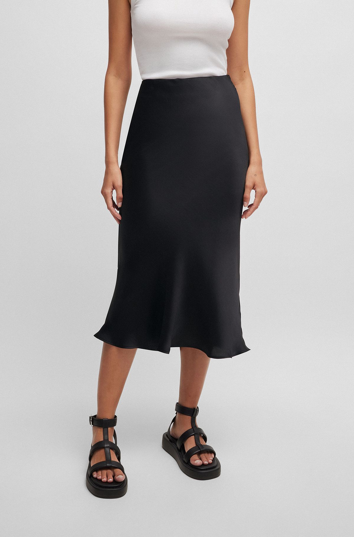Satin midi skirt with logo detail, Black