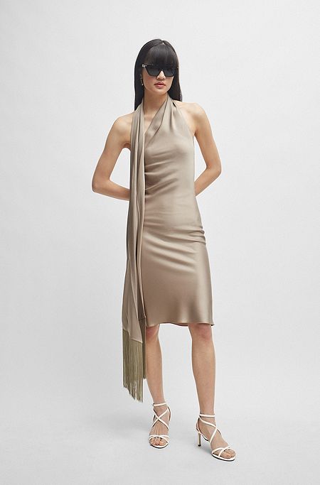 One-shoulder dress with fringed scarf detail, Gold