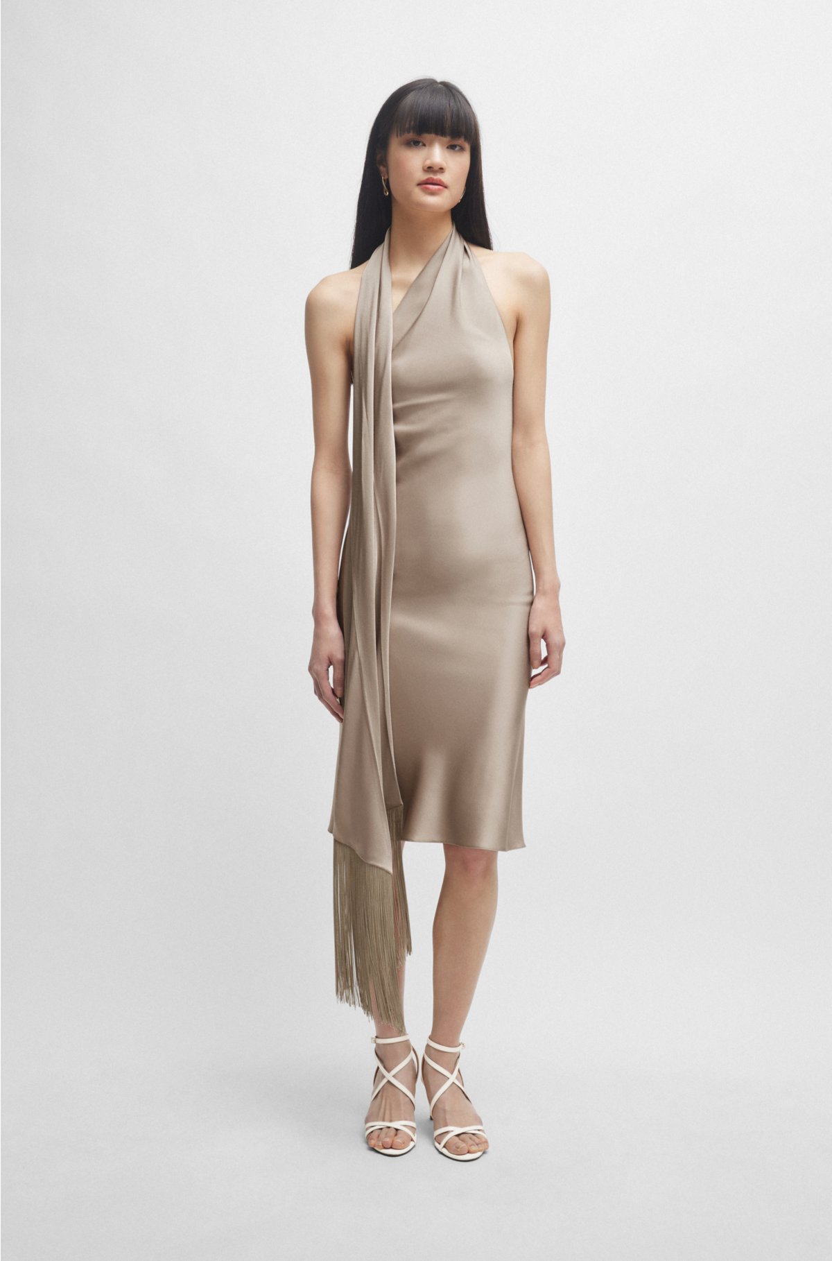 One-shoulder dress with fringed scarf detail, Gold