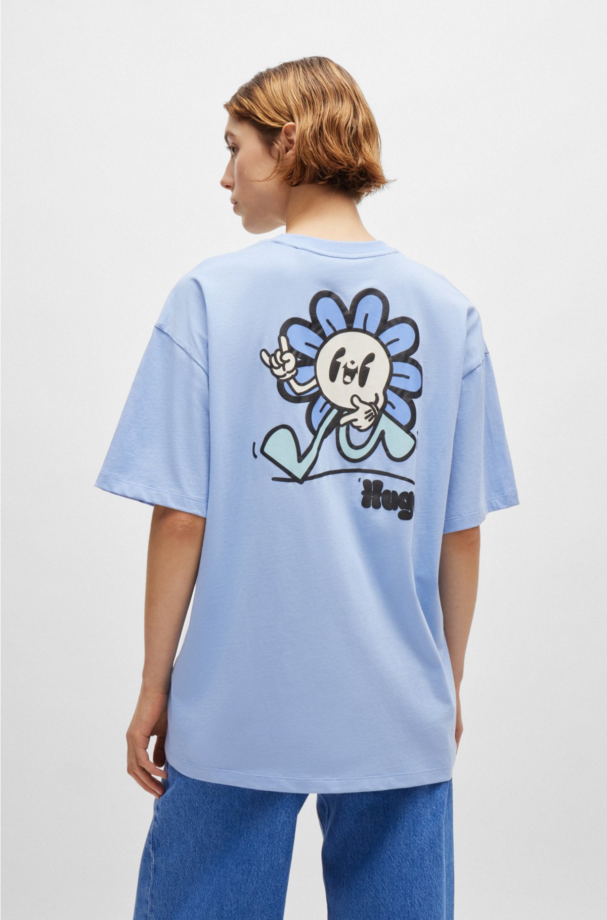 Cotton-jersey T-shirt with seasonal graphic print, Light Blue