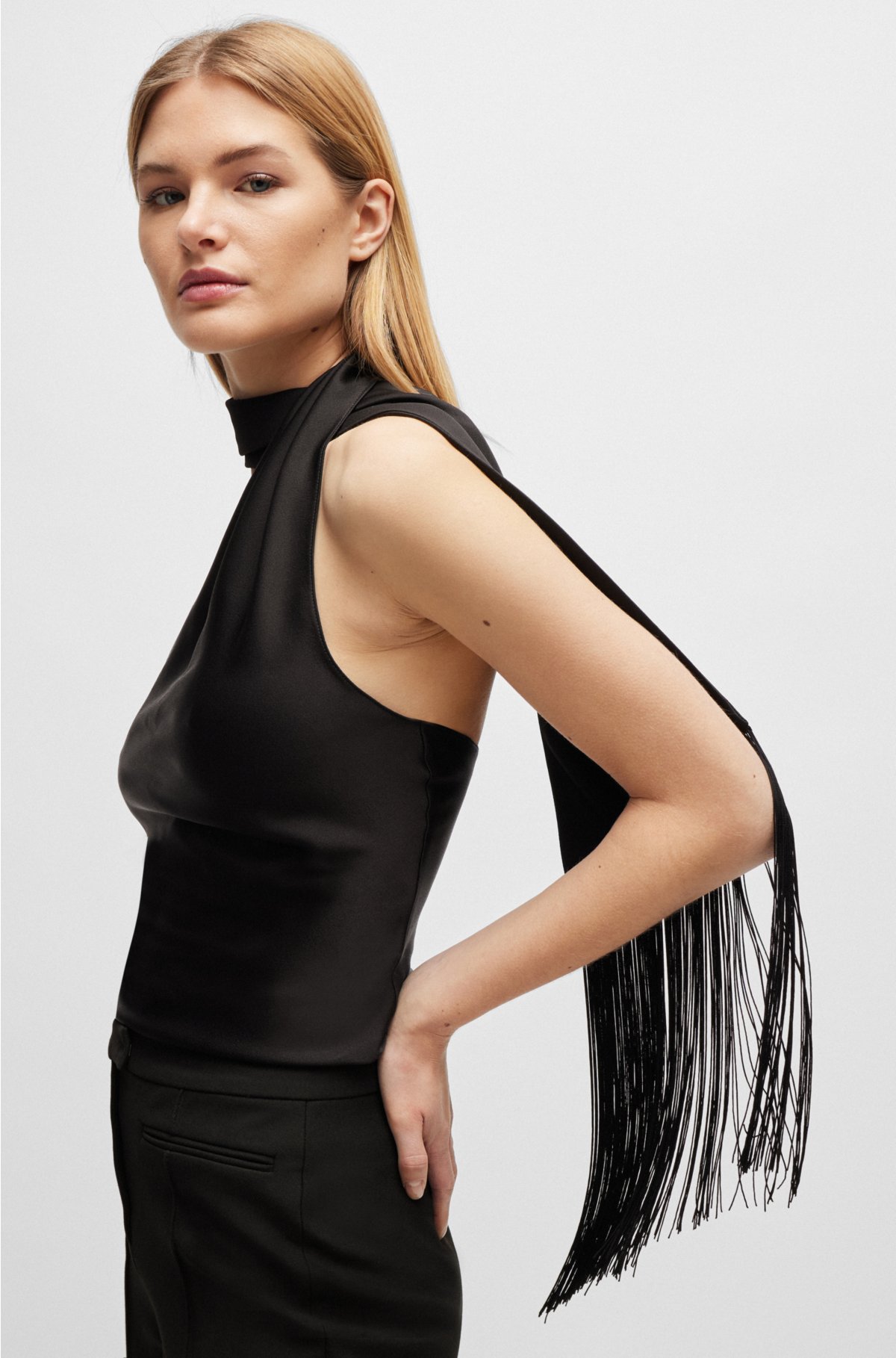 One-shoulder blouse with fringed scarf detail, Black