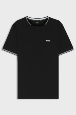 T-shirt in cotone elasticizzato con dettagli a righe e logo, Nero
