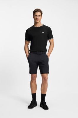 Stretch-cotton T-shirt with stripes and logo, Black