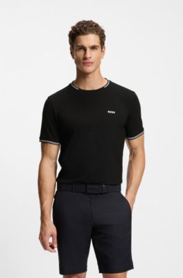 T-Shirt aus Stretch-Baumwolle mit Streifen und Logo, Schwarz