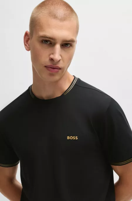Stretch-cotton T-shirt with stripes and logo