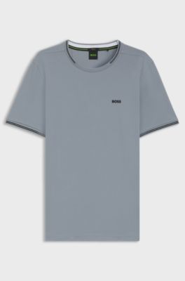 Stretch-cotton T-shirt with stripes and logo, Grey