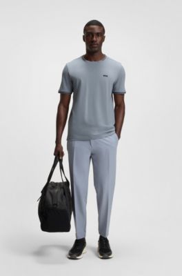 Stretch-cotton T-shirt with stripes and logo, Grey