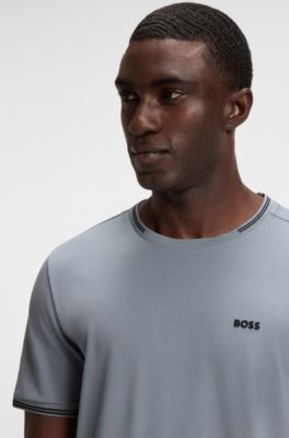 Stretch-cotton T-shirt with stripes and logo, Grey