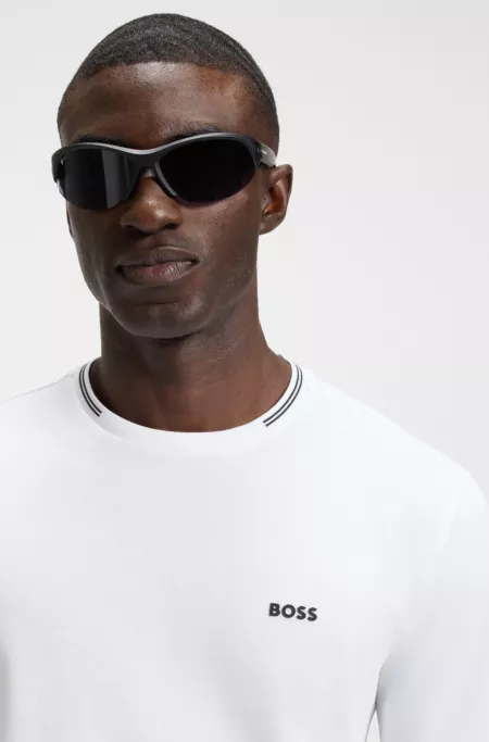 Stretch-cotton T-shirt with stripes and logo