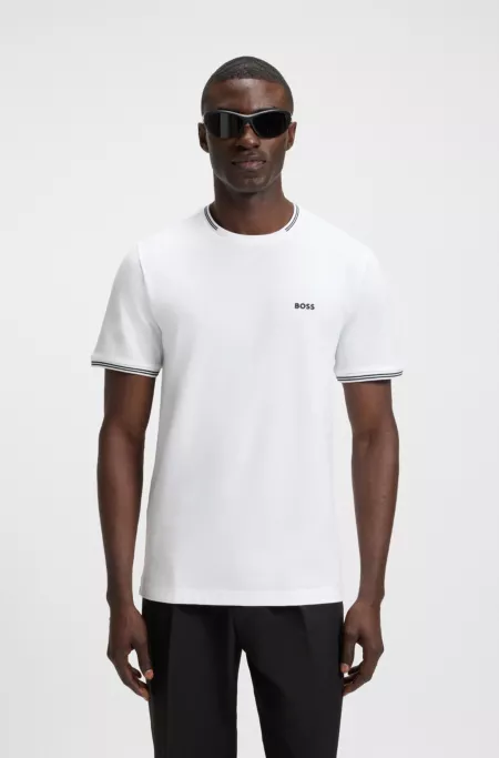 Stretch-cotton T-shirt with stripes and logo