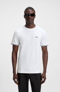Stretch-cotton T-shirt with stripes and logo, White
