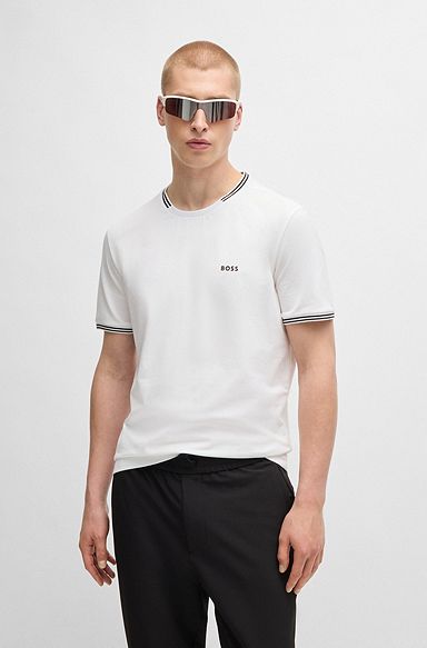 Stretch-cotton T-shirt with stripes and logo, White
