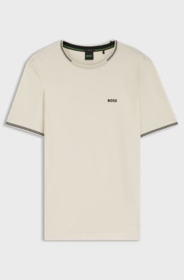 Stretch-cotton T-shirt with stripes and logo, Natural
