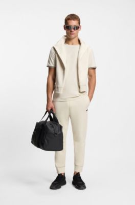 Stretch-cotton T-shirt with stripes and logo, Natural