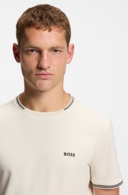 T-shirt van stretchkatoen met strepen en logo, Naturel