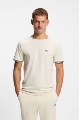 Stretch-cotton T-shirt with stripes and logo, Natural