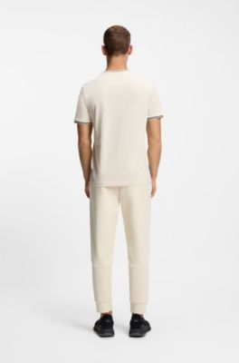 Stretch-cotton T-shirt with stripes and logo, Natural