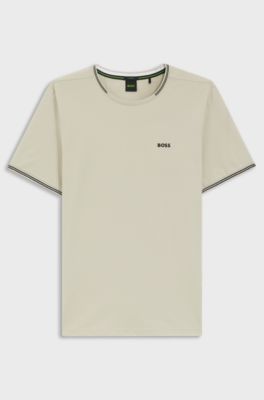 T-Shirt aus Stretch-Baumwolle mit Streifen und Logo, Hellbeige