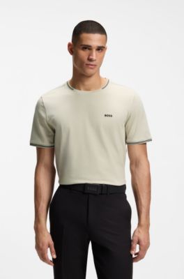 T-shirt van stretchkatoen met strepen en logo, Lichtbeige