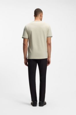 T-Shirt aus Stretch-Baumwolle mit Streifen und Logo, Hellbeige