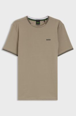Cotton-piqu&eacute; T-shirt with striped jacquard trims, Beige