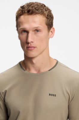 Cotton-piqu&eacute; T-shirt with striped jacquard trims, Beige