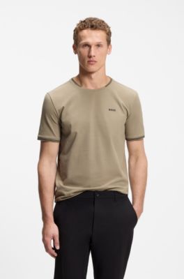 Cotton-piqu&eacute; T-shirt with striped jacquard trims, Beige