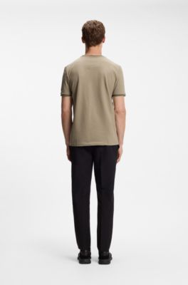 Cotton-piqu&eacute; T-shirt with striped jacquard trims, Beige