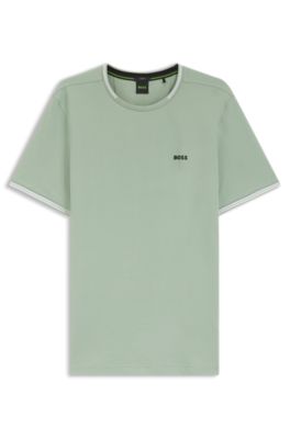 Stretch-cotton T-shirt with stripes and logo, Light Green
