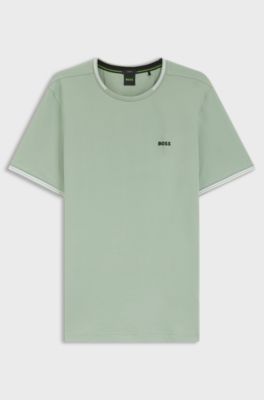 T-shirt van stretchkatoen met strepen en logo, Kalk
