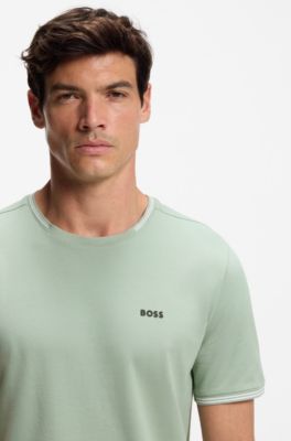 T-shirt van stretchkatoen met strepen en logo, Kalk