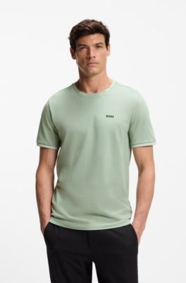 T-shirt van stretchkatoen met strepen en logo, Kalk
