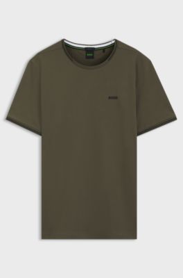 Cotton-piqu&eacute; T-shirt with striped jacquard trims, Olive