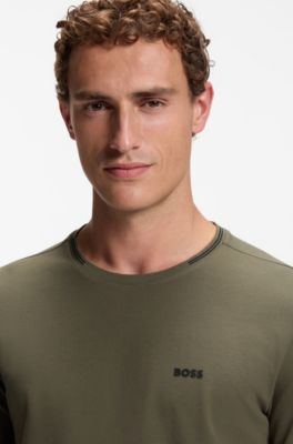 Cotton-piqu&eacute; T-shirt with striped jacquard trims, Olive
