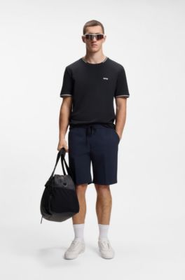 T-shirt en coton stretch avec rayures et logo, Bleu fonc&eacute;