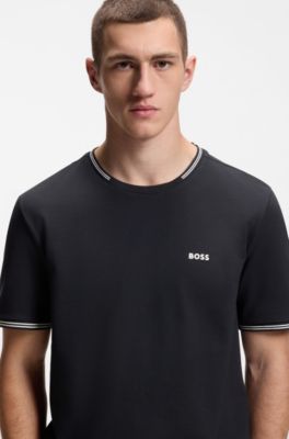 Stretch-cotton T-shirt with stripes and logo, Dark Blue