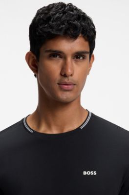 Cotton-piqu&eacute; T-shirt with striped jacquard trims, Dark Blue