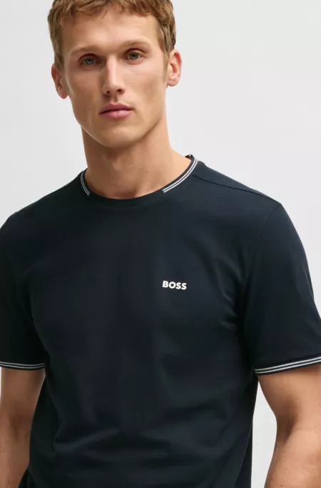 Stretch-cotton T-shirt with stripes and logo