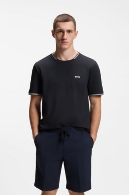 T-shirt en coton stretch avec rayures et logo, Bleu fonc&eacute;