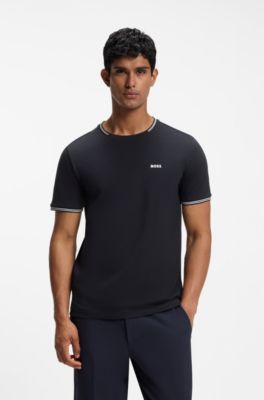 T-shirt in cotone elasticizzato con dettagli a righe e logo, Blu scuro
