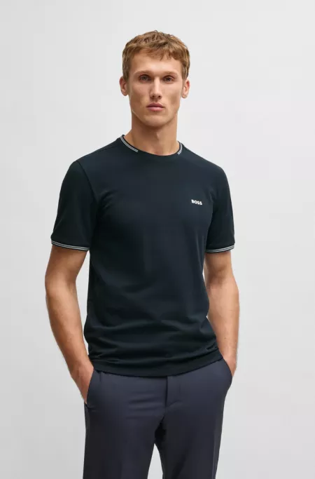 Stretch-cotton T-shirt with stripes and logo